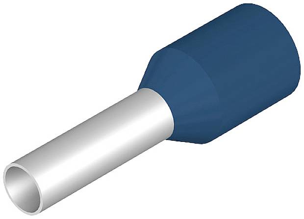 Blauer Aderendhülsenanschluss, zylindrische Form, teilweise metallisch, zur Verwendung in elektrischen Verbindungen.