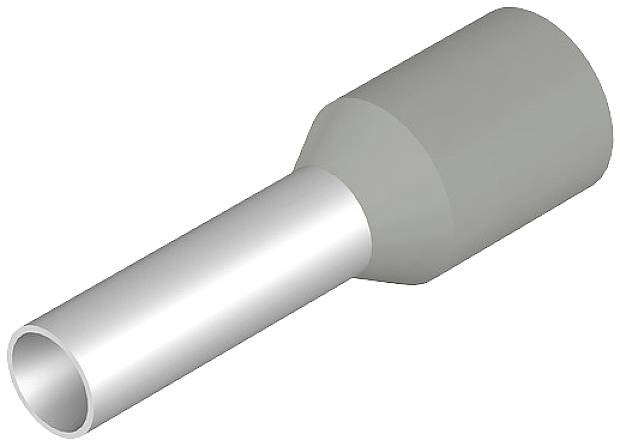 Eine graue Aderendhülse mit einem Metallschlauchende, verwendet zum Sichern und Verbinden von Drähten in elektrischen Anwendungen.