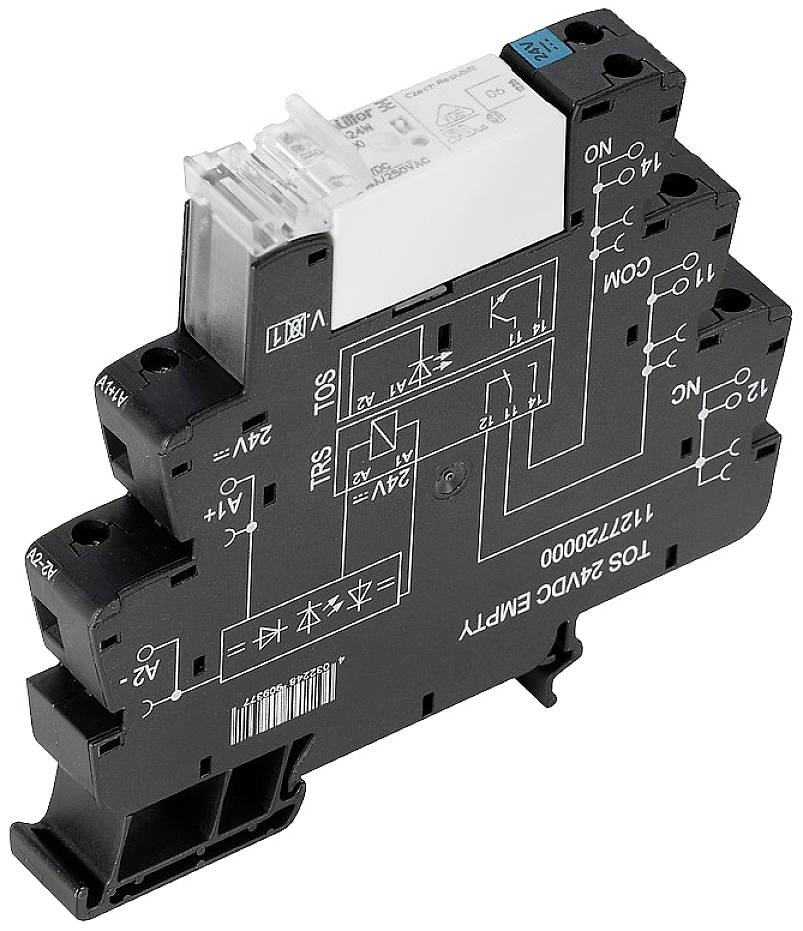 Relaismodul auf DIN-Schiene mit Schaltplan und technischen Details. Geeignet für 24V Gleichspannung und verschiedene Verkabelungsoptionen.
