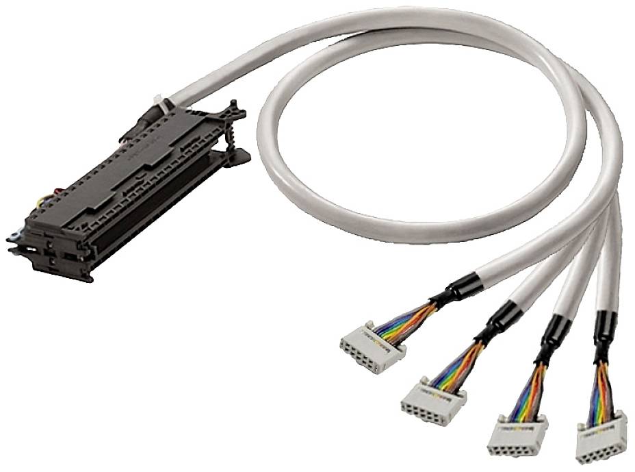 Ein Kabelbaum mit einem schwarzen Stecker und vier mehrfarbigen Kabeln, die in weiße Stecker enden. Technisches Verbindungsstück.