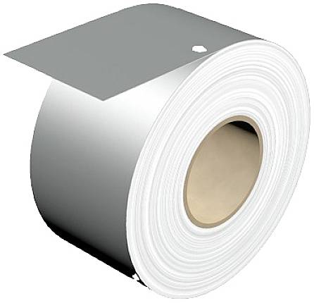 Eine Rolle aus silbernem Metallblech ist abgebildet, teilweise aufgerollt, sodass die innere Papierhülse sichtbar ist.
