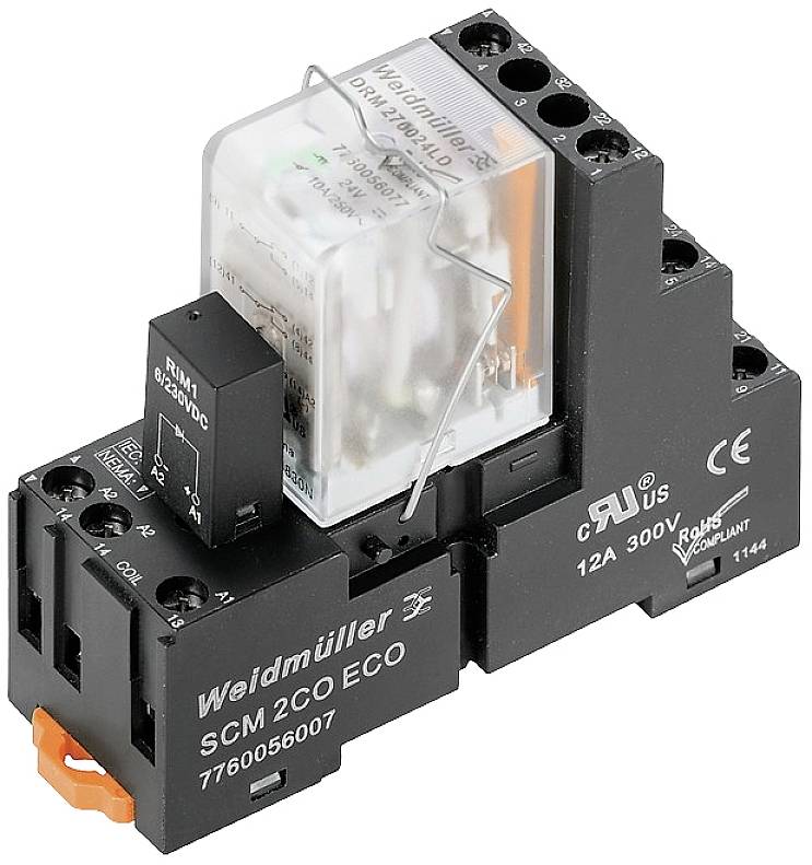 Ein schwarzes, rechteckiges elektrisches Bauteil mit transparentem Gehäuse auf der Oberseite, auf dem Wortmarken und technische Daten stehen.