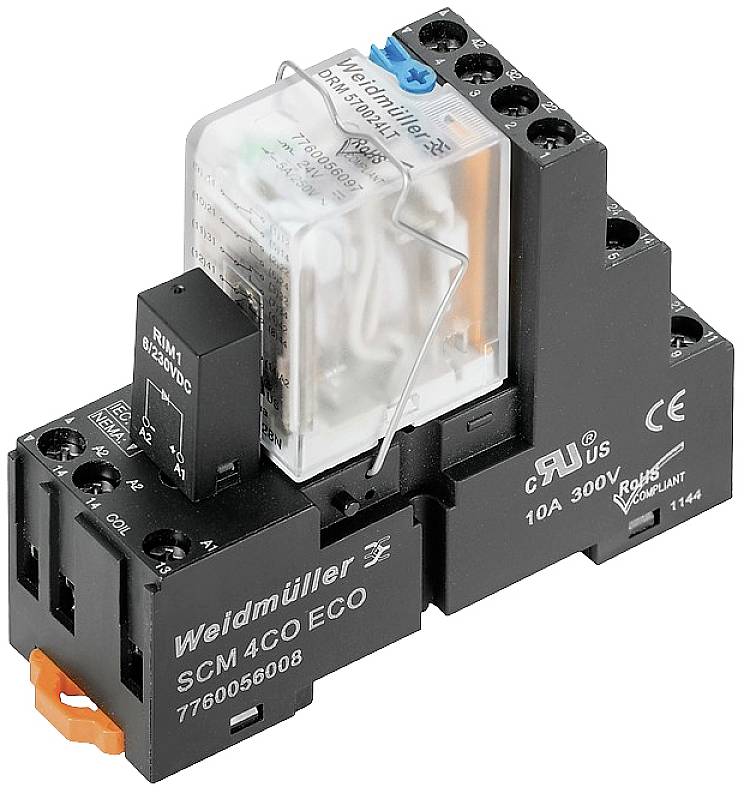 Ein Weidmüller Relaismodul SCM 4CO ECO mit durchsichtiger Abdeckung, verbaut auf einem Sockel mit Anschlüssen. Modellnummer ist 7760056008.