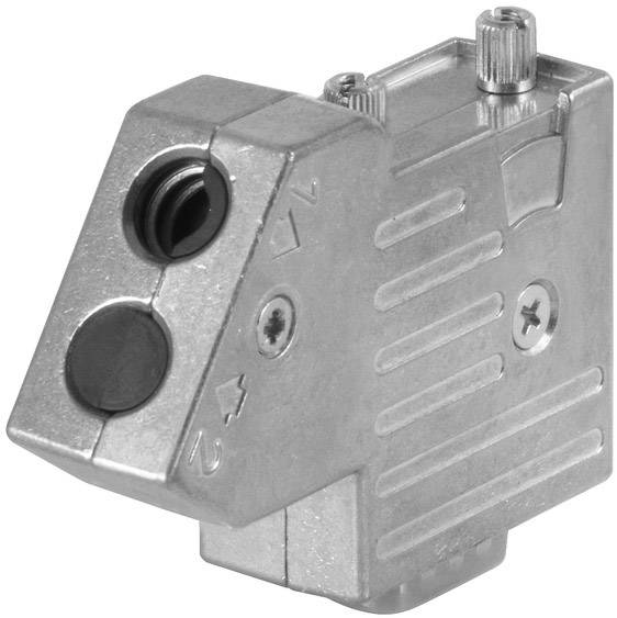 Metallisches Bauteil mit rechteckiger Form, zwei schwarzen Öffnungen oben und geometrischen Kerben.