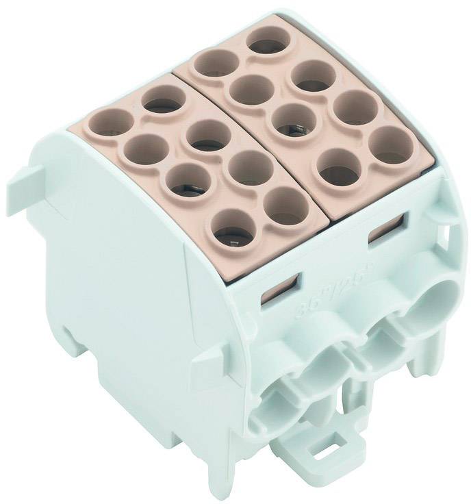 Ein elektrischer Steckverbinder mit mehreren Anschlüssen in beigefarbenem Gehäuse, zur Verbindung von Kabeln oder Drähten.