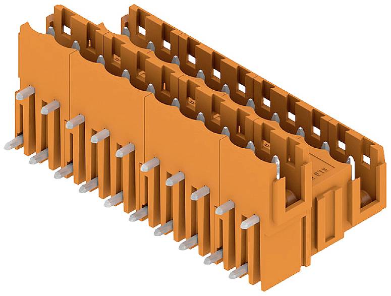 Ein orangefarbenes Steckverbindergehäuse mit mehreren Reihen von Metallelementen, die aus der Unterseite herausragen.