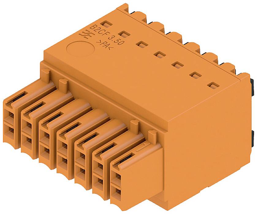 Oranger 12-poliger männlicher Leiterplattensteckverbinder mit Kodierungsmarkierungen und Befestigungsklammern für elektrische Anwendungen.