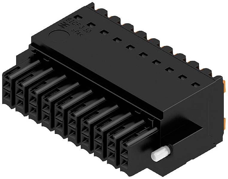 Ein schwarzer, rechteckiger elektrischer Steckverbinder mit mehreren Anschlussbuchsen.
