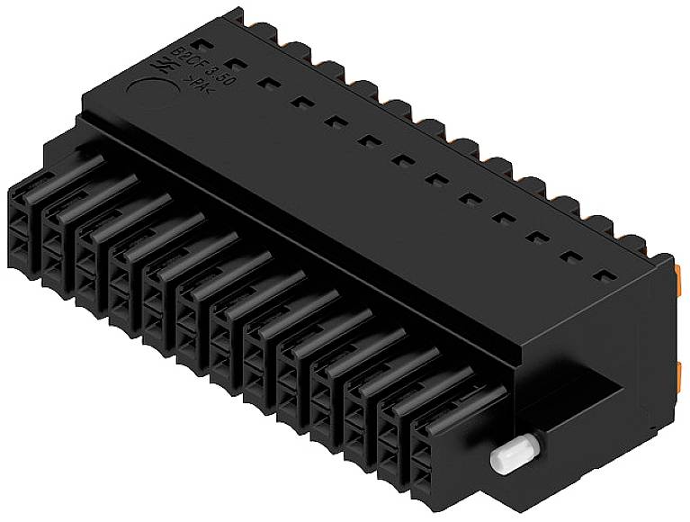 Schwarzer elektrischer Stecker mit mehreren Pins, geeignet für Leiterplattenverbindungen in elektronischen Geräten.
