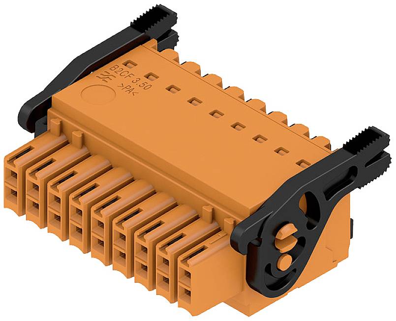 Orange-stufiger elektrischer Steckverbinder mit mehreren parallelen Anschlüssen und schwarzen Halteklammern an den Seiten.