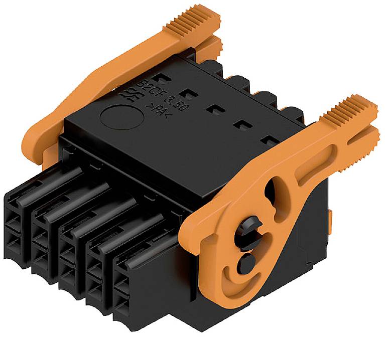 Ein schwarzer elektrischer Steckverbinder mit orangefarbenen Verriegelungen, geeignet für Mehrfachanschlüsse in technischen Geräten.