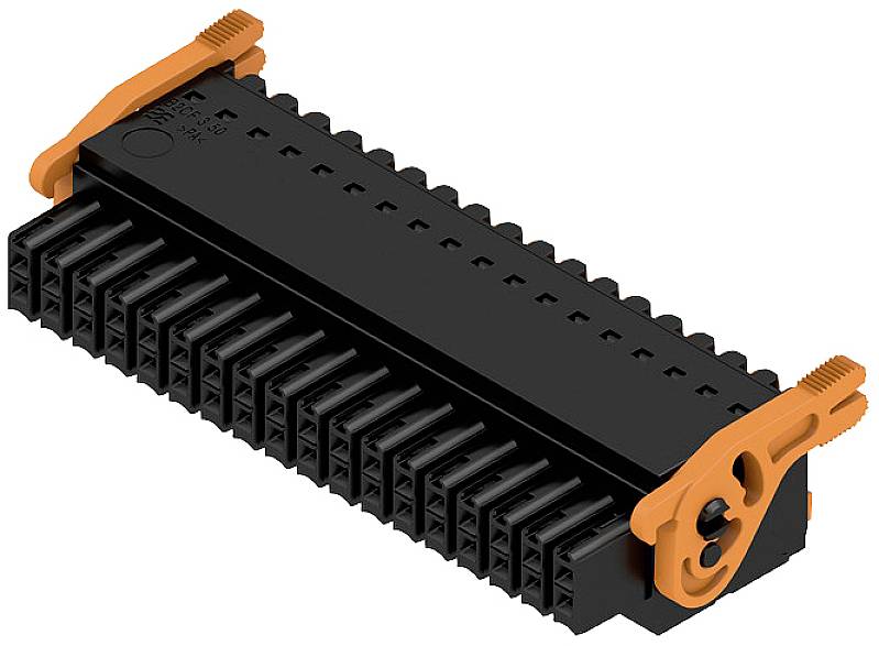 Ein schwarzer elektrischer Steckverbinder mit orangenen Clips an den Seiten, verwendet in industriellen Anwendungen für sichere Verbindungen.