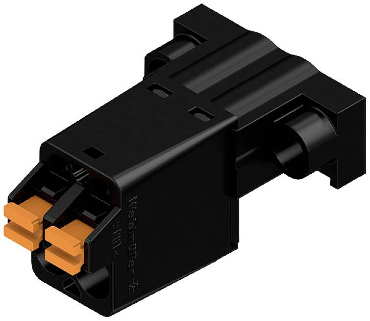 Ein schwarzer elektrischer Steckverbinder mit zwei orangefarbenen Anschlussklemmen.