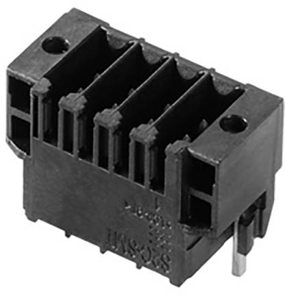 Schwarzer Kunststoffstecker mit vier Steckplätzen und zwei Befestigungslöchern an den Ecken.
