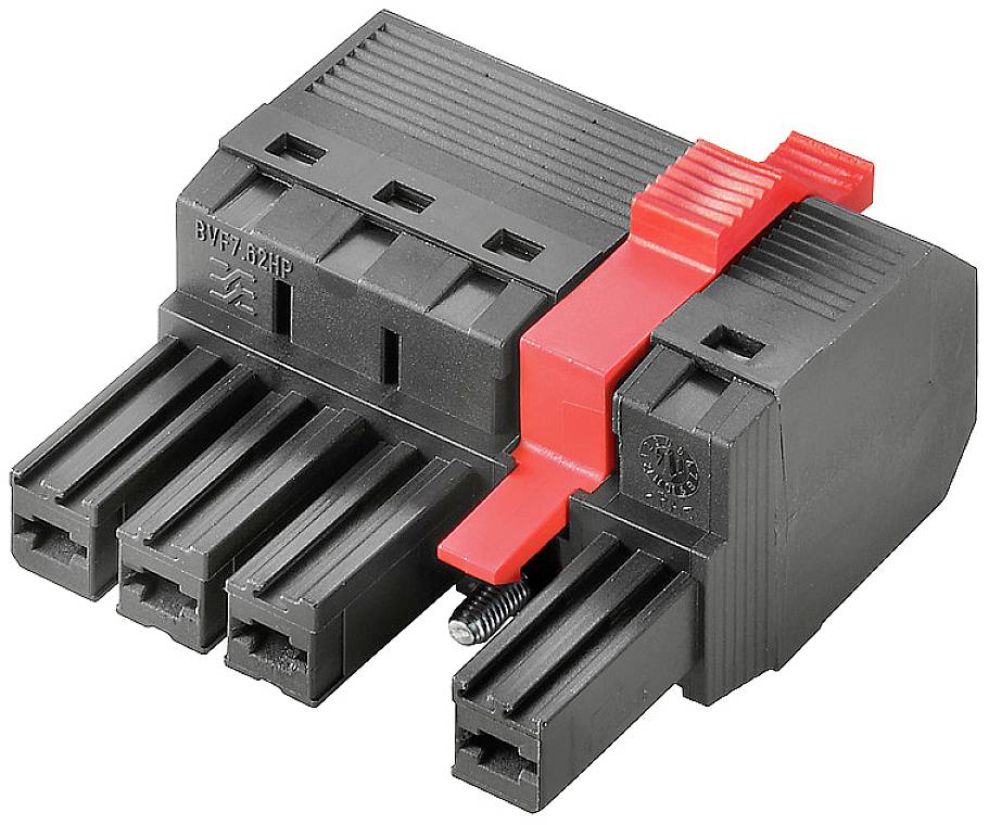 Schwarzer Stecker mit vier Steckplätzen, roter Hebel an der Seite, geeignet für elektrische Verbindungen.