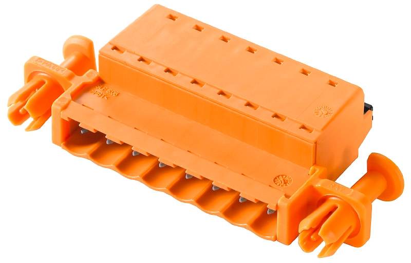 Orange Kunststoffverbinder mit mehreren Steckplätzen und seitlichen Klemmen. Verwendet für elektrische Verbindungen in Geräten.