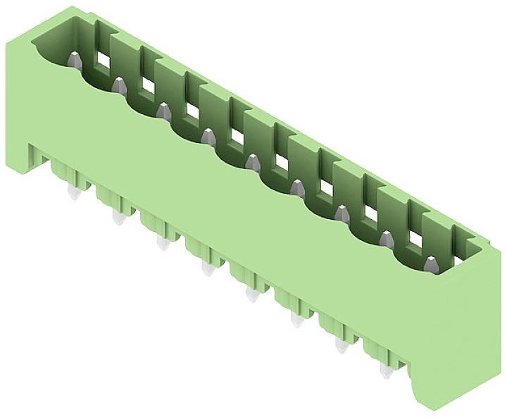 Ein grüner elektronischer Steckverbinder mit mehreren Stiften, für den Anschluss von Drähten oder Leiterplatten geeignet.