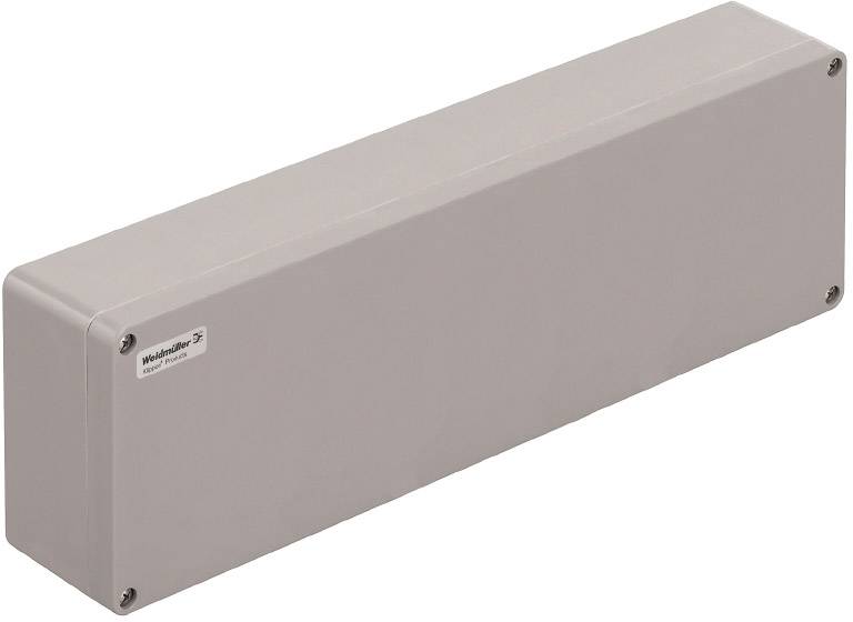 Rechteckiger grauer Kasten mit Schrauben an den Ecken und einem kleinen Etikett auf der rechten Seite.