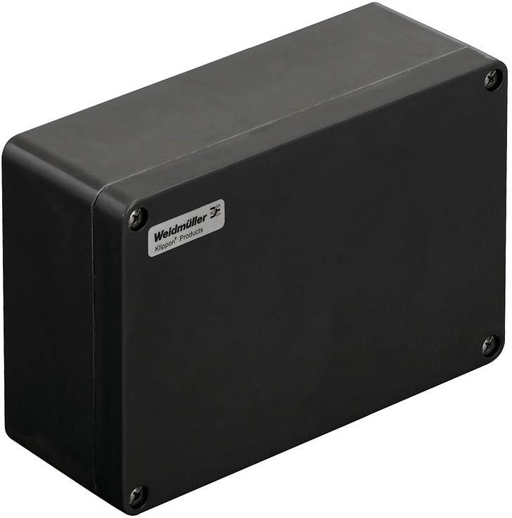 Schwarze Gehäusebox mit Logo-Aufkleber oben links. Rechteckige Form, mit abnehmbarem Deckel, vier Eckschrauben zur Befestigung.