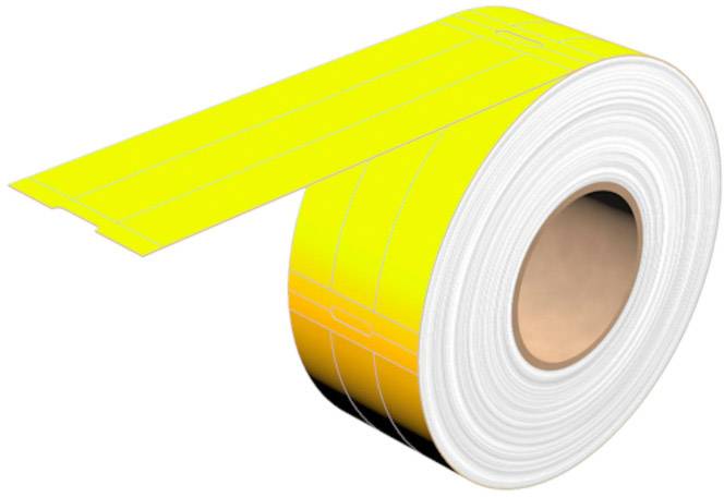 Große Rolle gelbes Klebeband mit vorperforierten Streifen, bereit zum Abrollen. Ideal für Verpackungs- oder Kennzeichnungszwecke.