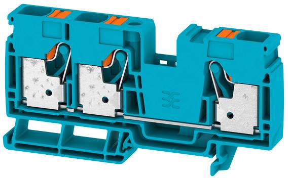 Abgebildet ist eine türkise elektrische Klemme mit zwei Anschlussbereichen und orangefarbenen Betätigungselementen zur Kabelbefestigung.