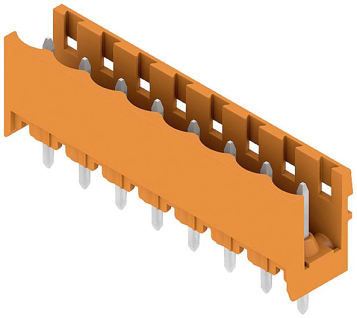 Ein orangefarbener, rechteckiger Steckverbinder mit mehreren Pins zur elektrischen Verbindung in elektronischen Geräten.