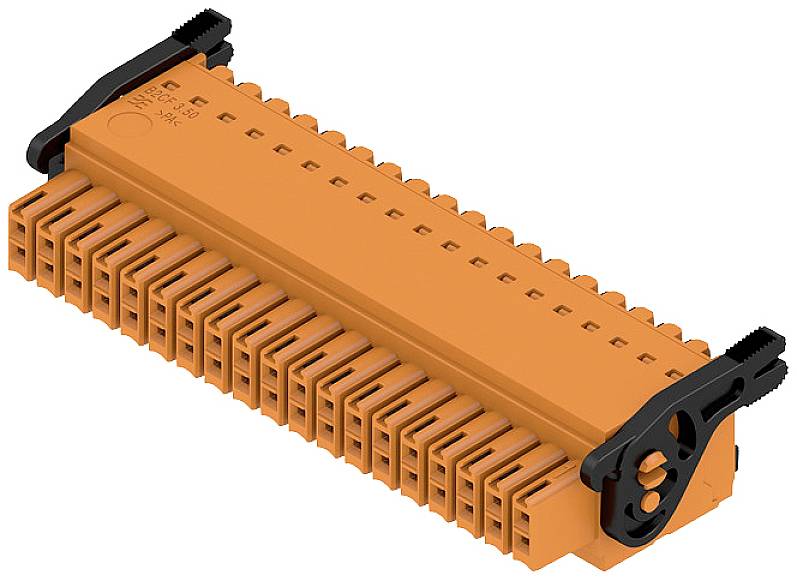 Ein orangefarbener Steckverbinder mit mehreren Anschlusspunkten in zwei Reihen. Geeignet für elektronische Geräte und Verkabelungssysteme.