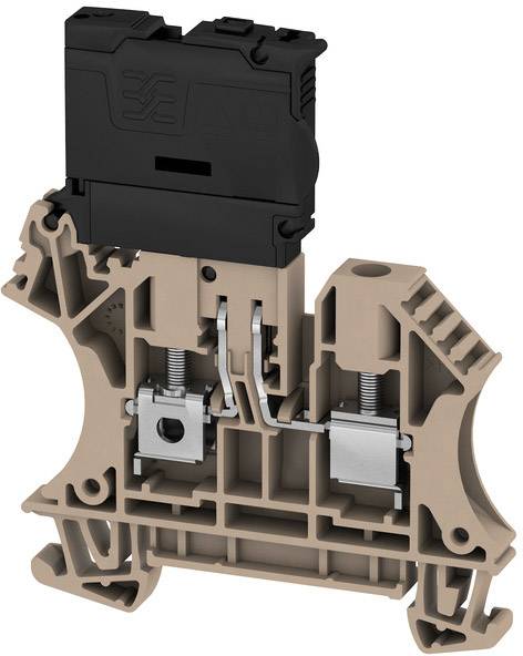 Abgebildet ist eine beige Klemmenblock mit schwarzer Abdeckung. Er zeigt interne Mechanismen und elektrische Verbindungen.