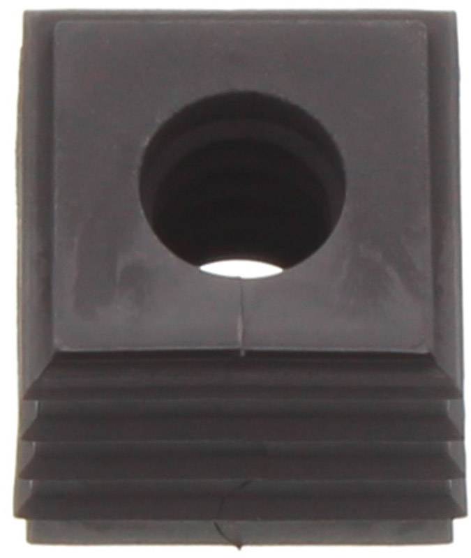 Ein schwarzes, rechteckiges Bauteil mit zentralem Loch und geriffelter Unterseite. Angewandt in mechanischen oder industriellen Kontexten.