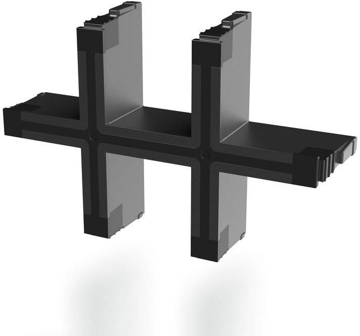 Ein schwarzes, kreuzförmiges Bauteil mit vier rechtwinkligen Armen, die zueinander symmetrisch angeordnet sind.