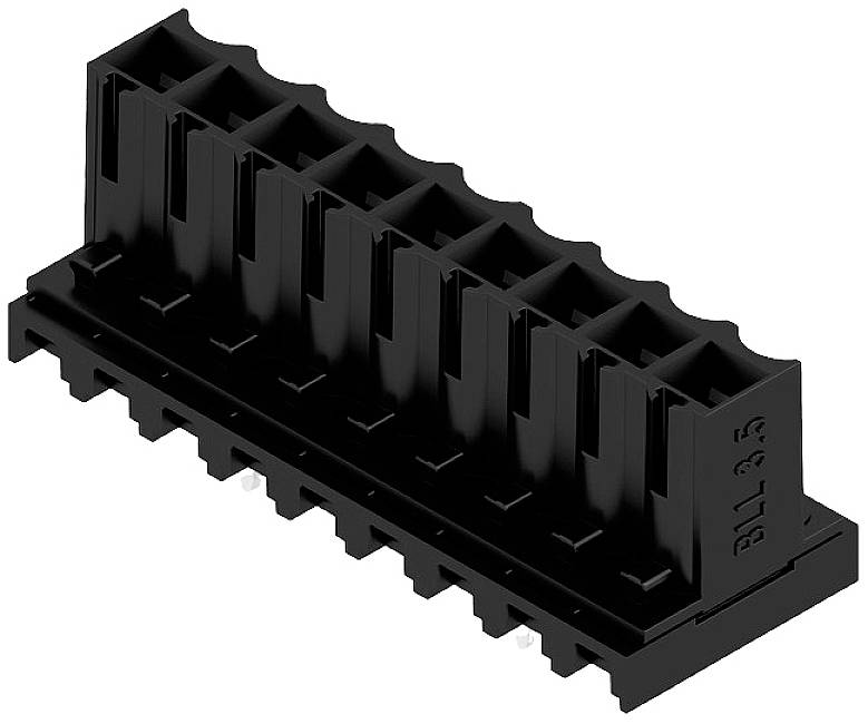 Schwarzer, rechteckiger elektrischer Steckverbinder mit acht vertikalen Buchsen, markiert mit 'BL1-3.5', Ansicht von oben.