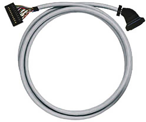 Ein graues Kabel mit einem mehrfarbigen Anschluss an einem Ende und einem schwarzen, gebogenen Anschluss am anderen Ende.