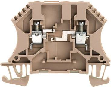 Beige Reihenklemme mit zwei Metallanschlüssen, geeignet für elektrische Verbindungen in Schaltschränken.