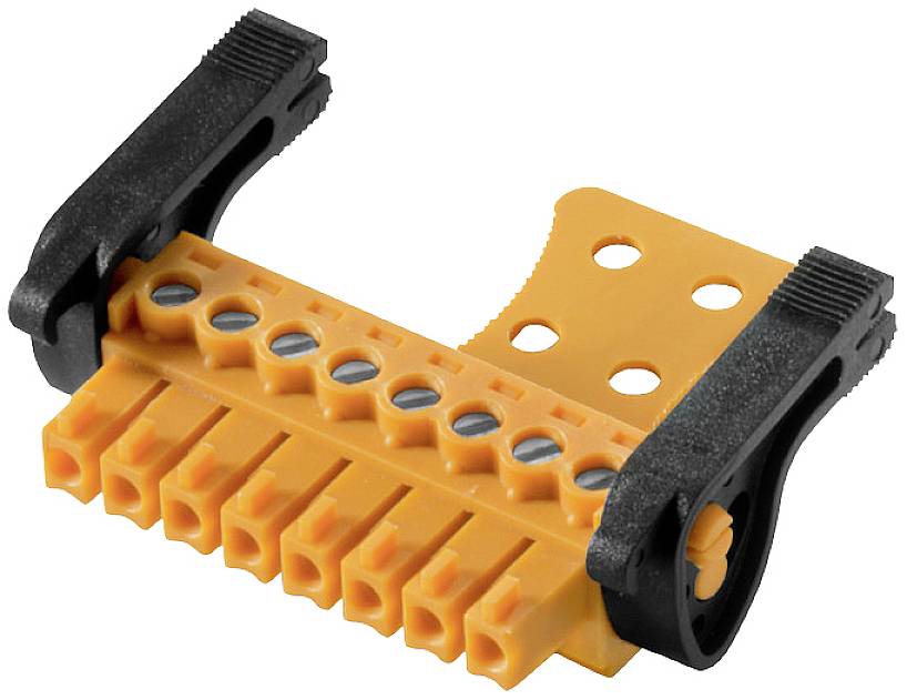 Ein orangefarbener Steckverbinder mit schwarzer Halterung, verwendet für elektrische Verbindungen in elektronischen Geräten.