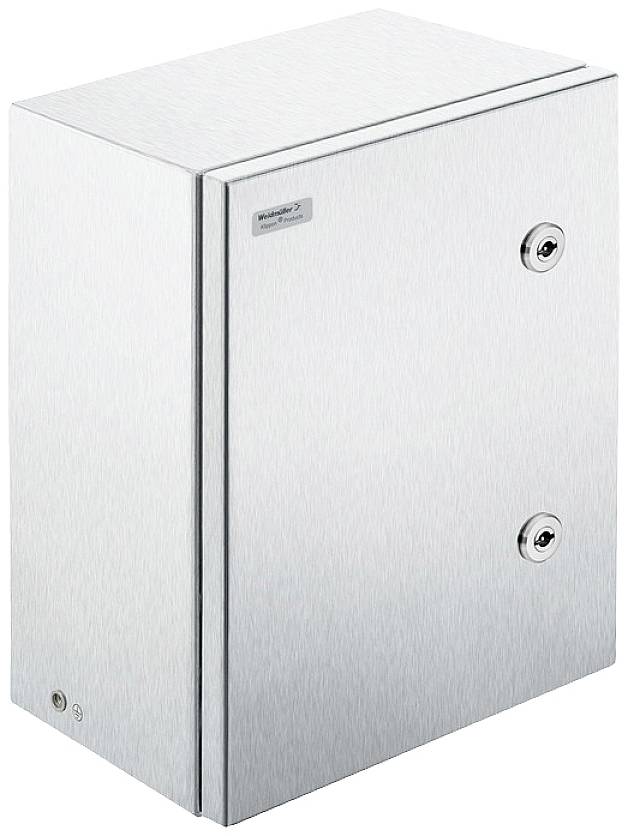 Metallene Wandmontagebox mit zwei Schlössern an der Vorderseite. Glatte, gebürstete Oberfläche. Geeignet für Außenanwendungen.