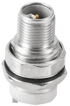 Metallischer Steckverbinder mit Gewinde und mittigem Stift. Dient zur elektrischen Verbindung von Kabeln oder Geräten.