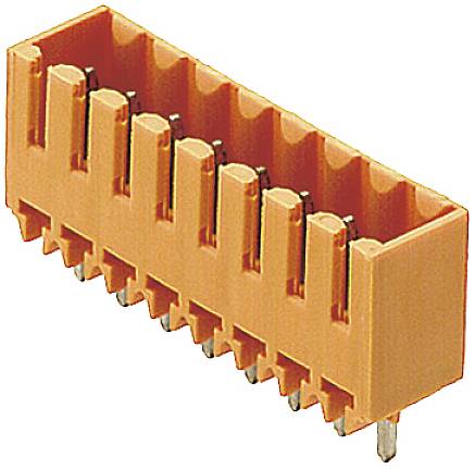 Ein orangefarbener Steckverbinder, geeignet für elektronische Verbindungen, mit mehreren Pins auf der Unterseite sichtbar.