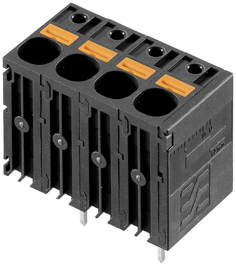 Schwarzer Steckverbinder mit vier Öffnungen und orangefarbenen Verriegelungselementen, geeignet für elektronische Anwendungen.