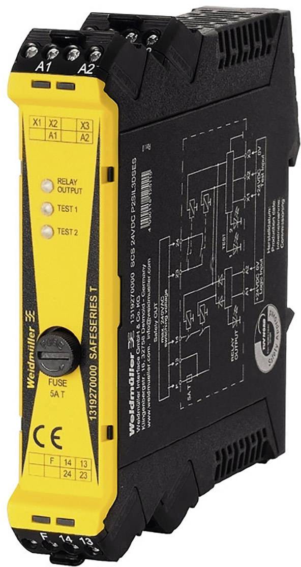 Ein elektronisches Gerät der Marke Weidmüller, gelb und schwarz, mit Anschlussklemmen und Schalter. Beschriftungen weisen auf Relais- und Testfunktionen hin.
