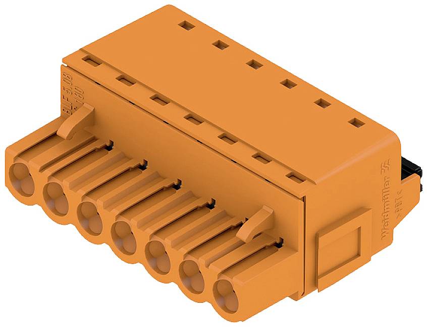 Orangefarbener elektrischer Steckverbinder mit mehreren Anschlussöffnungen, geeignet für die Montage auf einer Leiterplatte.