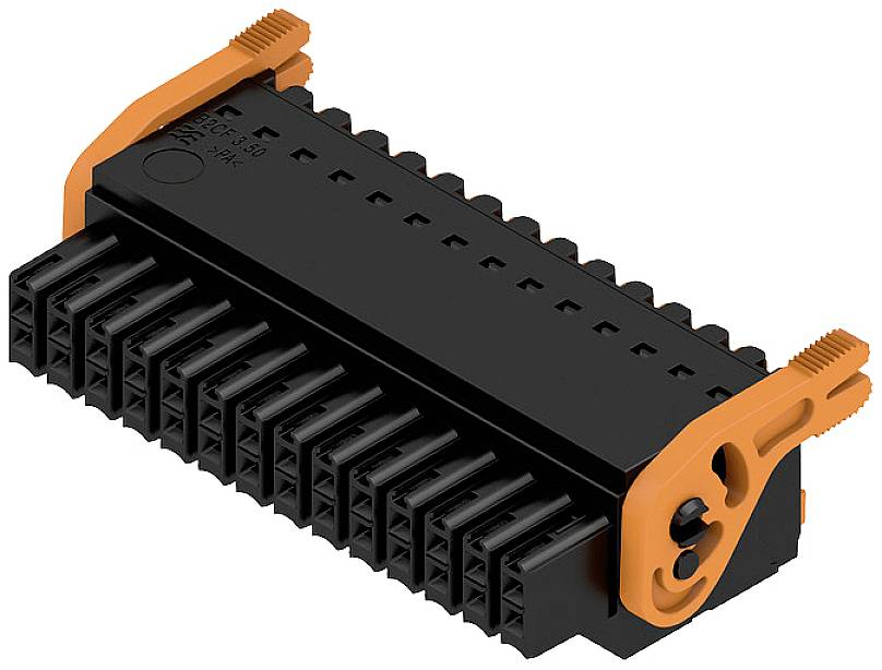 Ein schwarzer, rechteckiger Stecker mit orangefarbenen Hebeln an beiden Seiten. Der Stecker hat mehrere Anschlusspunkte auf der Oberseite.