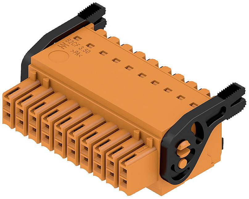 Ein orangefarbener elektrischer Steckverbinder mit mehreren Pins, schwarzem Gehäuselement und Markierungen auf der Oberseite.
