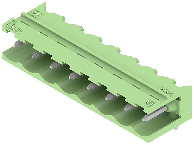Grüner elektrischer Steckverbinder mit acht Anschlüssen, geeignet für Leiterplattenmontage.