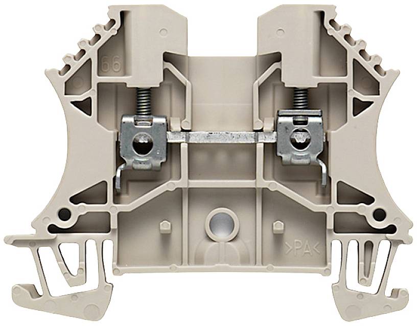 Beiger DIN-Schienenklemmenblock zeigt interne Metallverbindung für elektrische Verdrahtung, verwendet in Schalttafeln und Schaltkästen.