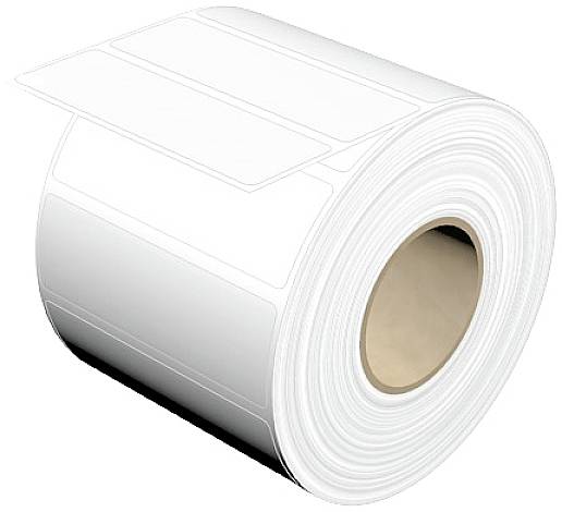 Eine weiße Rolle mit Etiketten, die leicht hervorstehen. Sie wird häufig für Druckzwecke oder zur Kennzeichnung von Produkten verwendet.