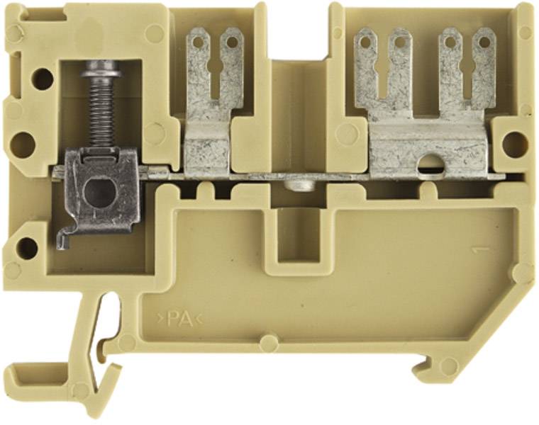 Beige Klemmblock mit Metallschraube und Anschlüssen, verwendet für elektrische Verbindungen in Schaltschränken.
