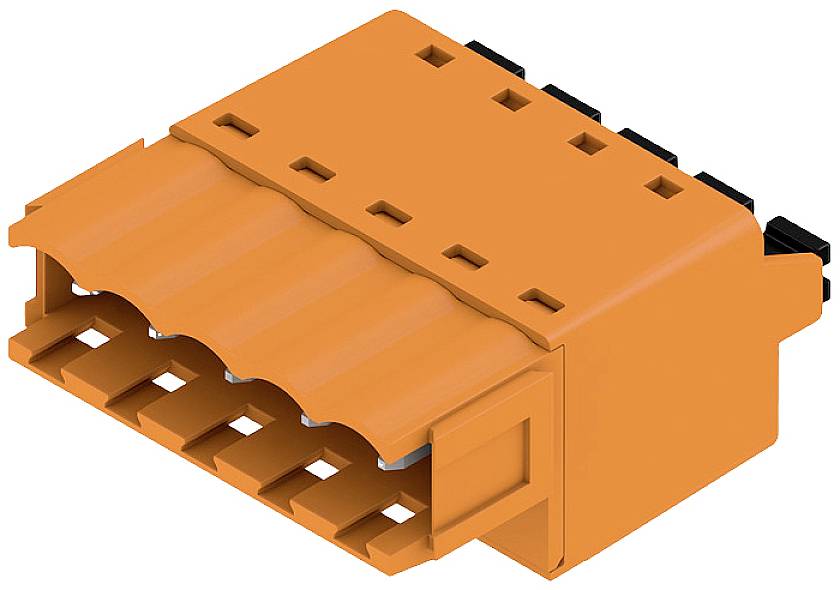 Eine orangefarbene elektrische Steckverbindung mit mehreren Steckplätzen in einer Reihe, geeignet für den Einsatz in technischen Anwendungen.