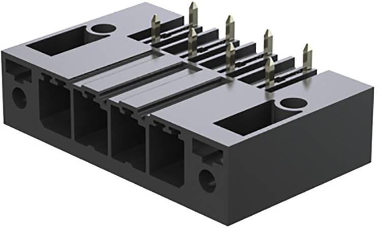 Ein schwarzer elektronischer Steckverbinder mit mehreren goldenen Stiften, geeignet für die Montage auf Leiterplatten.