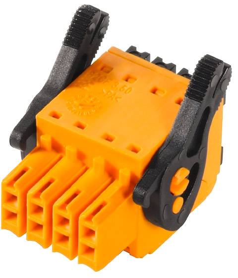 Orange Steckverbinder mit fünf Anschlüssen und schwarzer Sicherungsklemme, geeignet für elektrische Verbindungen in technischen Anwendungen.