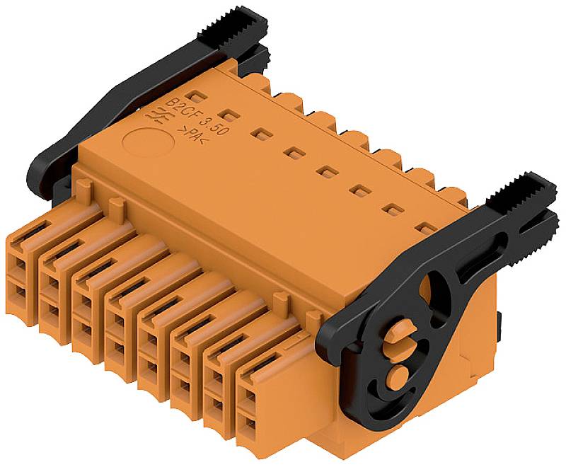 Ein orangefarbener elektrischer Steckverbinder mit mehreren Ports und schwarzen Befestigungselementen, verwendet für industrielle Anwendungen.